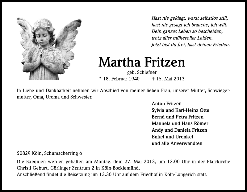  Traueranzeige für Martha Fritzen vom 23.05.2013 aus Kölner Stadt-Anzeiger / Kölnische Rundschau / Express