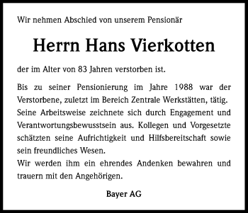 Anzeige von Hans Vierkotten von Kölner Stadt-Anzeiger / Kölnische Rundschau / Express
