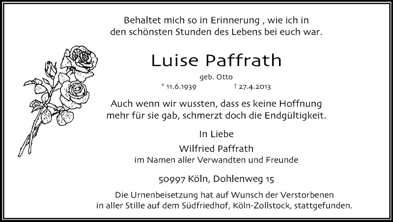  Traueranzeige für Luise Paffrath vom 25.05.2013 aus Kölner Stadt-Anzeiger / Kölnische Rundschau / Express