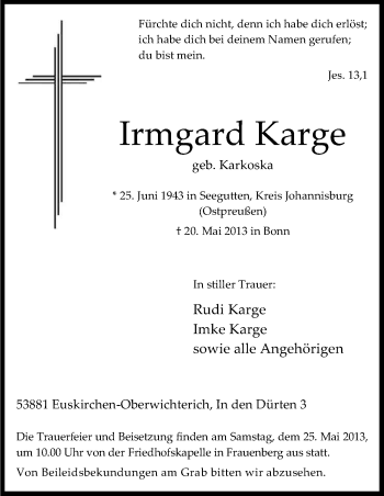 Anzeige von Irmgard Karge von Kölner Stadt-Anzeiger / Kölnische Rundschau / Express