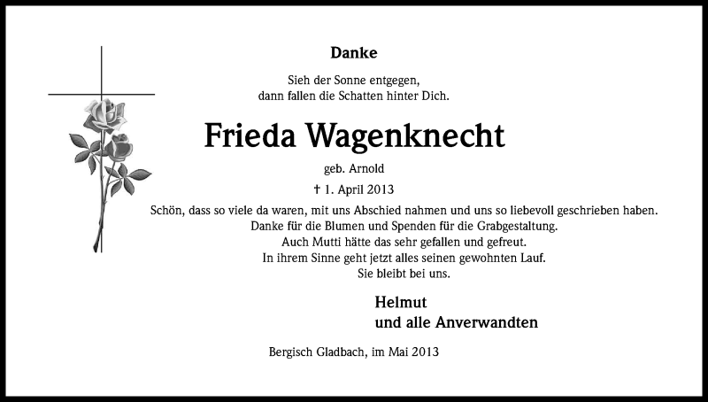  Traueranzeige für Frieda Wagenknecht vom 24.05.2013 aus Kölner Stadt-Anzeiger / Kölnische Rundschau / Express