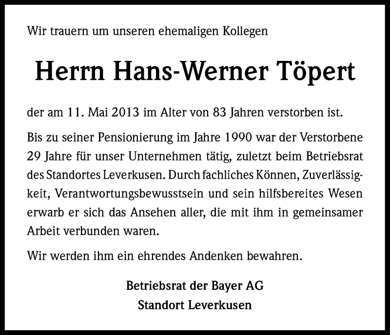  Traueranzeige für Hans-Werner Töpert vom 23.05.2013 aus Kölner Stadt-Anzeiger / Kölnische Rundschau / Express