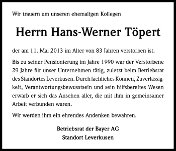 Anzeige von Hans-Werner Töpert von Kölner Stadt-Anzeiger / Kölnische Rundschau / Express