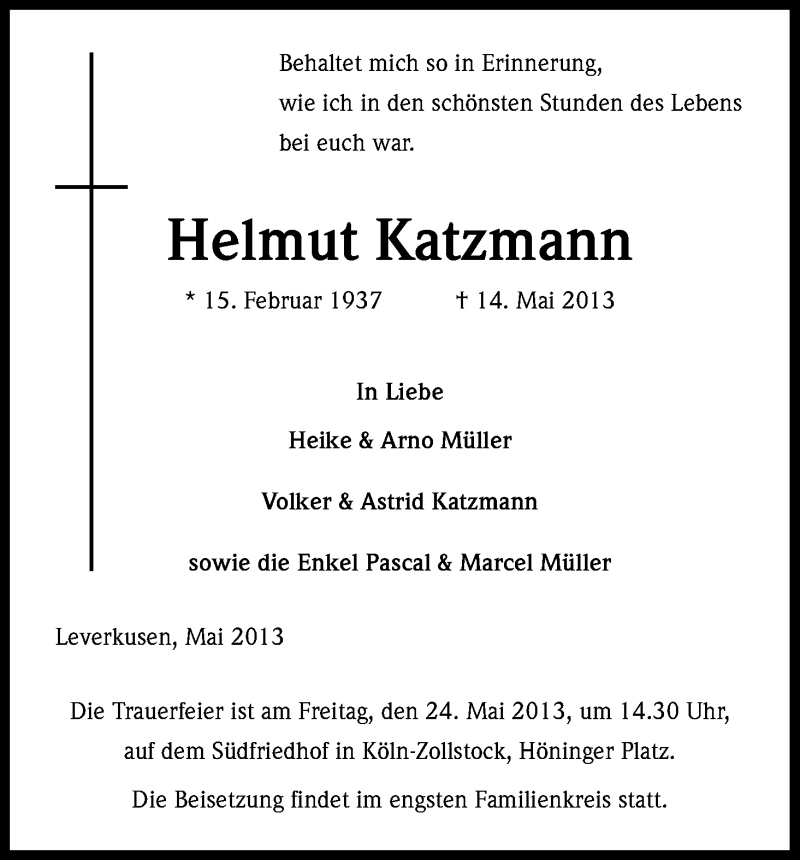  Traueranzeige für Helmut Katzmann vom 23.05.2013 aus Kölner Stadt-Anzeiger / Kölnische Rundschau / Express