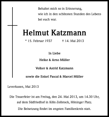 Anzeige von Helmut Katzmann von Kölner Stadt-Anzeiger / Kölnische Rundschau / Express