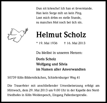 Anzeige von Helmut Scholz von Kölner Stadt-Anzeiger / Kölnische Rundschau / Express