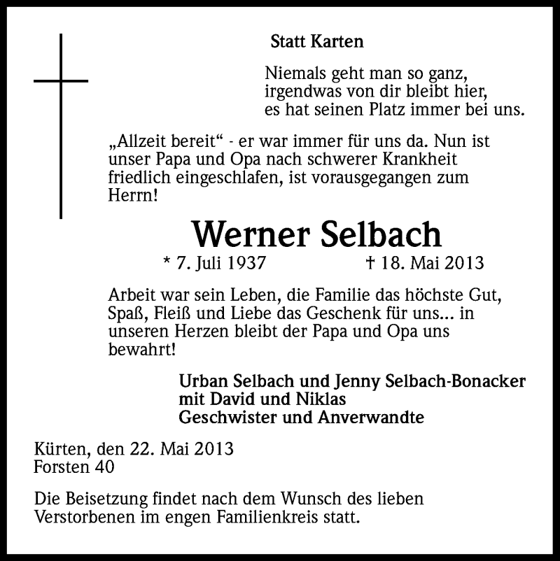  Traueranzeige für Werner Selbach vom 24.05.2013 aus Kölner Stadt-Anzeiger / Kölnische Rundschau / Express
