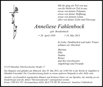 Anzeige von Anneliese Fahlenbock von Kölner Stadt-Anzeiger / Kölnische Rundschau / Express