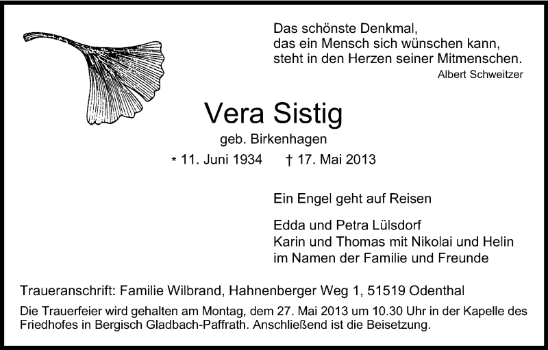  Traueranzeige für Vera Sistig vom 25.05.2013 aus Kölner Stadt-Anzeiger / Kölnische Rundschau / Express