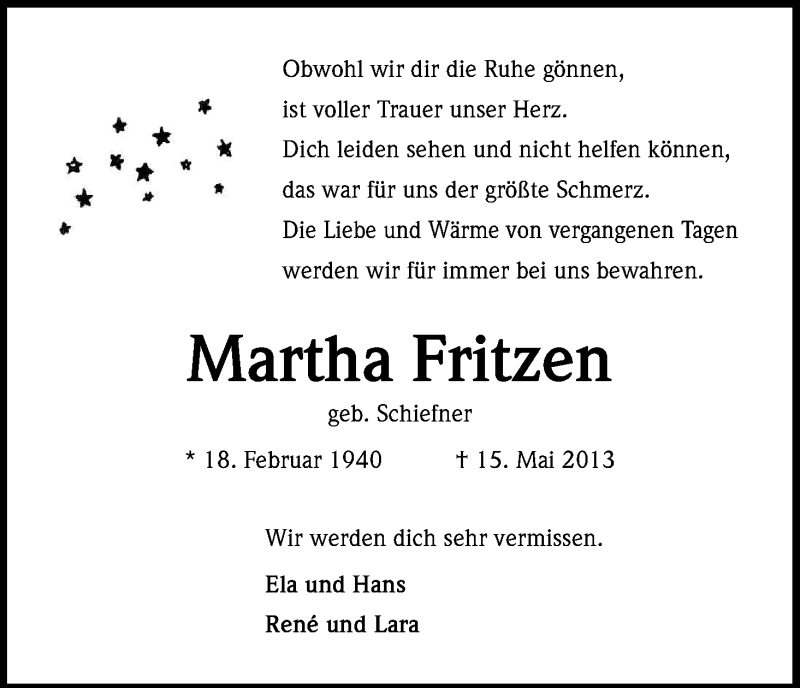  Traueranzeige für Martha Fritzen vom 23.05.2013 aus Kölner Stadt-Anzeiger / Kölnische Rundschau / Express