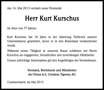 Anzeige von Kurschus Kurt von Kölner Stadt-Anzeiger / Kölnische Rundschau / Express