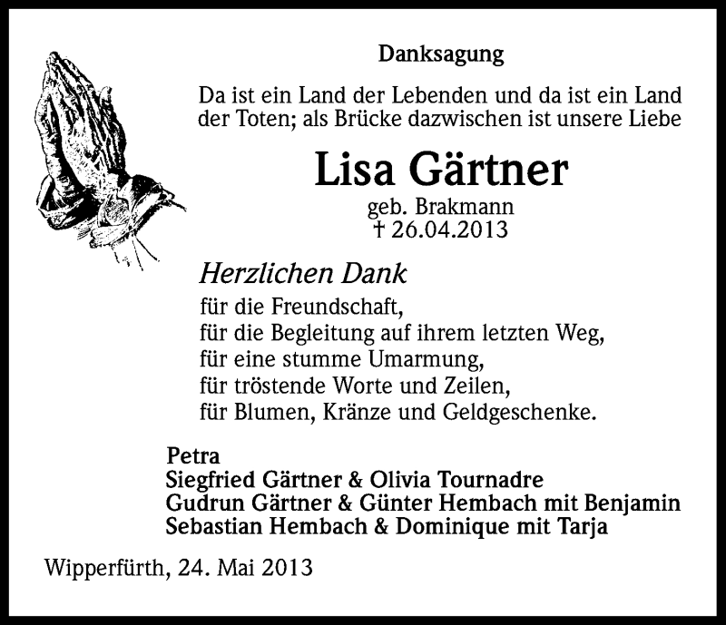  Traueranzeige für Lisa Gärtner vom 24.05.2013 aus Kölner Stadt-Anzeiger / Kölnische Rundschau / Express