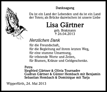 Anzeige von Lisa Gärtner von Kölner Stadt-Anzeiger / Kölnische Rundschau / Express