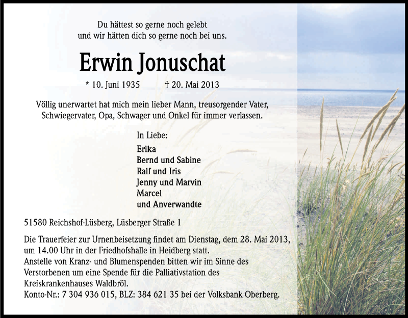  Traueranzeige für Erwin Jonuschat vom 23.05.2013 aus Kölner Stadt-Anzeiger / Kölnische Rundschau / Express