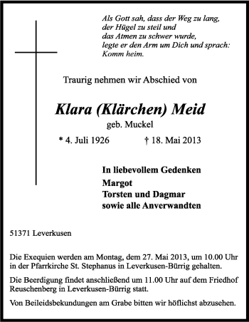 Anzeige von Klara Meid von Kölner Stadt-Anzeiger / Kölnische Rundschau / Express
