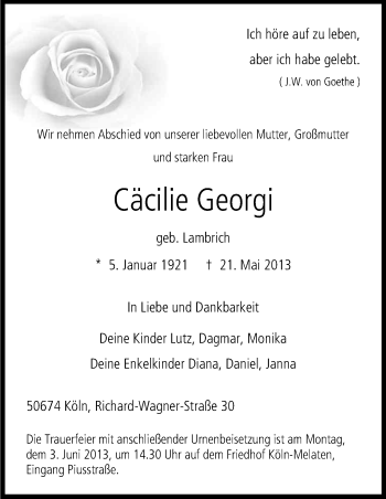 Anzeige von Cäcilie Georgi von Kölner Stadt-Anzeiger / Kölnische Rundschau / Express