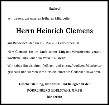 Anzeige von Heinrich Clemens von Kölner Stadt-Anzeiger / Kölnische Rundschau / Express