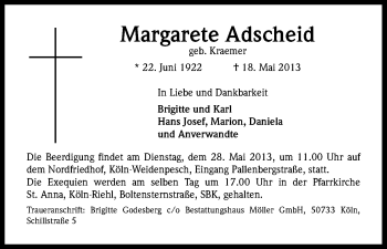 Anzeige von Margarete Adscheid von Kölner Stadt-Anzeiger / Kölnische Rundschau / Express