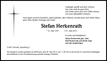 Anzeige von Stefan Herkenrath von Kölner Stadt-Anzeiger / Kölnische Rundschau / Express