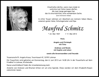 Anzeige von Manfred Schmitz von Kölner Stadt-Anzeiger / Kölnische Rundschau / Express
