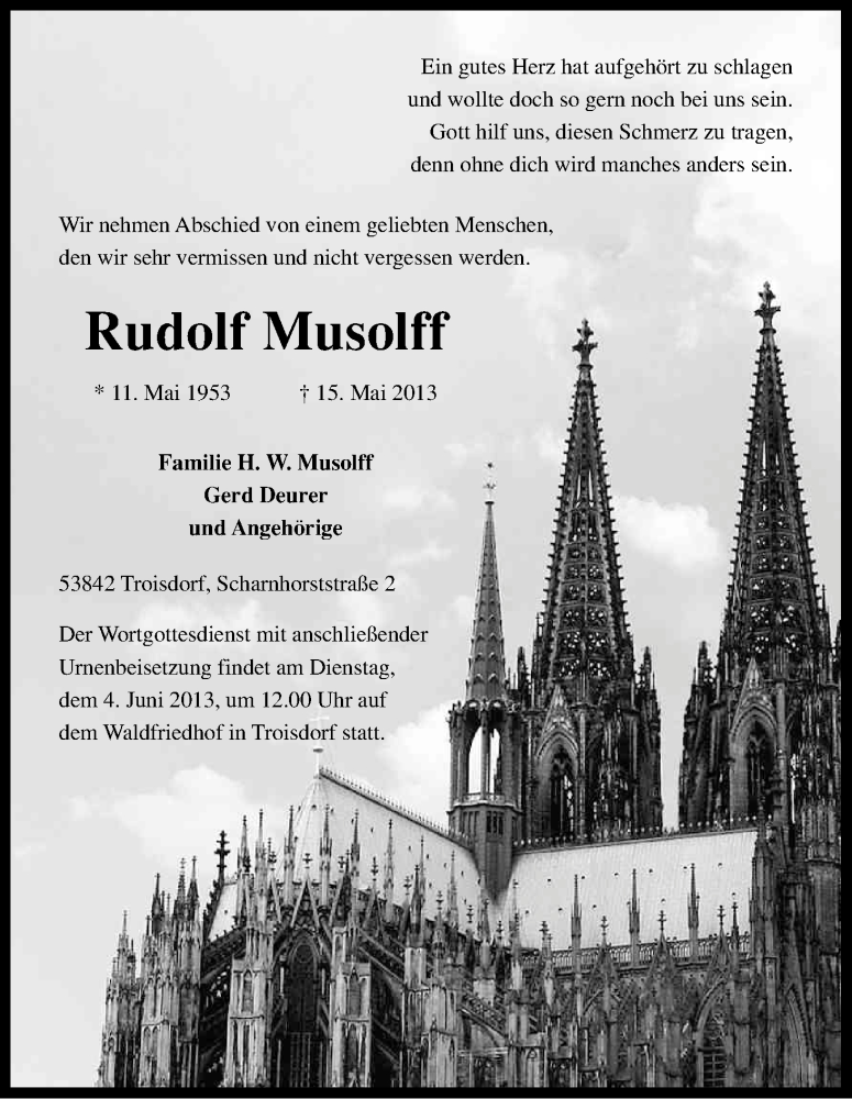  Traueranzeige für Rudolf Musolff vom 25.05.2013 aus Kölner Stadt-Anzeiger / Kölnische Rundschau / Express
