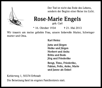 Anzeige von Rose-Marie Engels von Kölner Stadt-Anzeiger / Kölnische Rundschau / Express