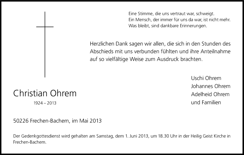  Traueranzeige für Christian Ohrem vom 25.05.2013 aus Kölner Stadt-Anzeiger / Kölnische Rundschau / Express
