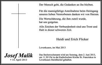 Anzeige von Josef Malik von Kölner Stadt-Anzeiger / Kölnische Rundschau / Express