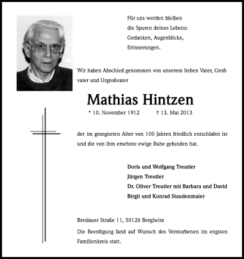 Anzeige von Mathias Hintzen von Kölner Stadt-Anzeiger / Kölnische Rundschau / Express