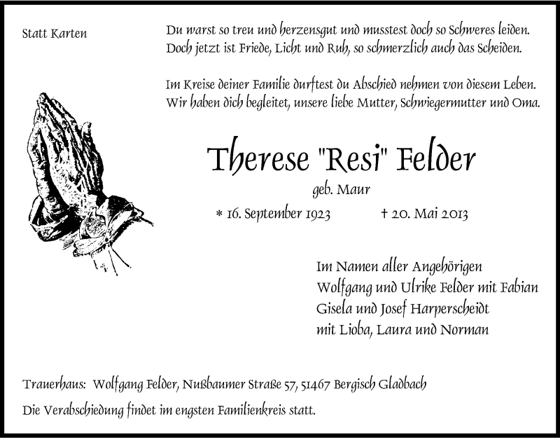  Traueranzeige für Therese Felder vom 25.05.2013 aus Kölner Stadt-Anzeiger / Kölnische Rundschau / Express