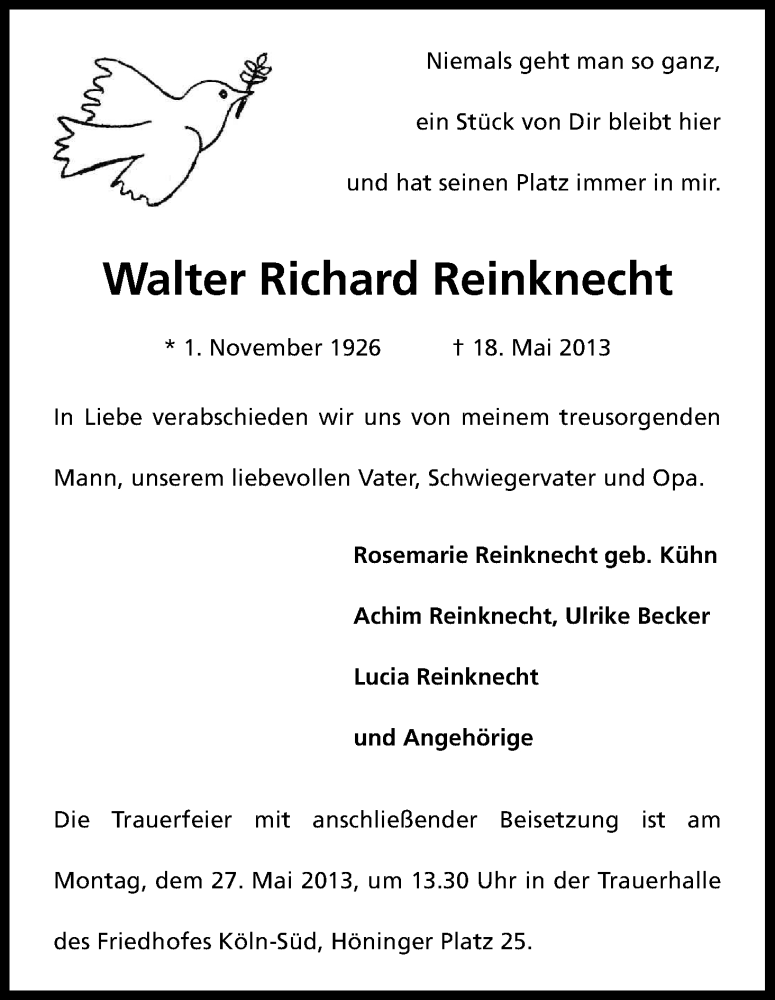  Traueranzeige für Walter Richard Reinknecht vom 25.05.2013 aus Kölner Stadt-Anzeiger / Kölnische Rundschau / Express