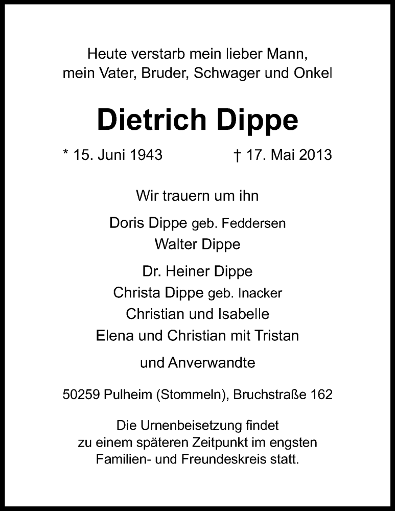  Traueranzeige für Dietrich Dippe vom 25.05.2013 aus Kölner Stadt-Anzeiger / Kölnische Rundschau / Express