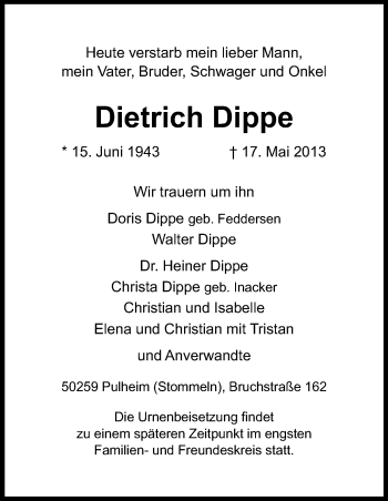 Anzeige von Dietrich Dippe von Kölner Stadt-Anzeiger / Kölnische Rundschau / Express