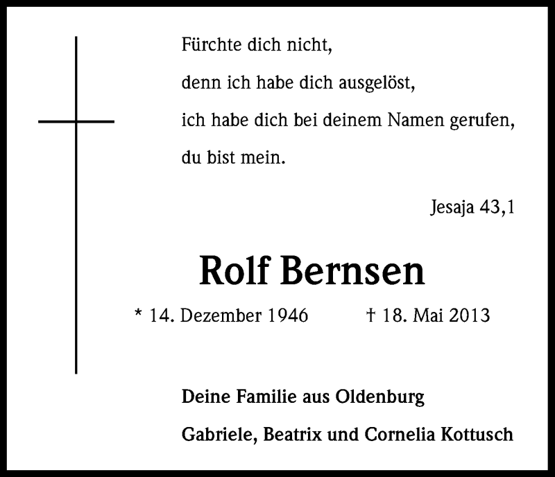 Traueranzeige für Rolf Bernsen vom 01.06.2013 aus Kölner Stadt-Anzeiger / Kölnische Rundschau / Express