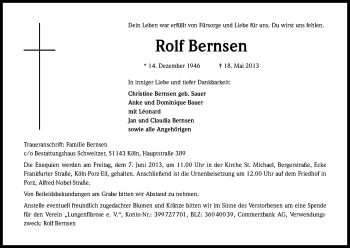 Anzeige von Rolf Bernsen von Kölner Stadt-Anzeiger / Kölnische Rundschau / Express