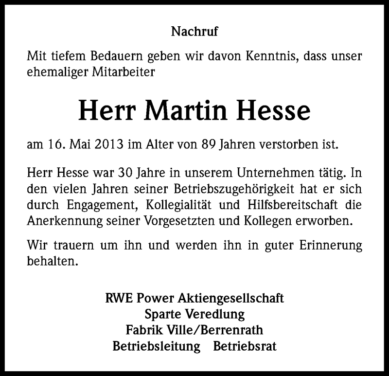  Traueranzeige für Martin Hesse vom 28.05.2013 aus Kölner Stadt-Anzeiger / Kölnische Rundschau / Express