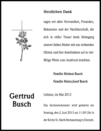 Anzeige von Gertrud Busch von Kölner Stadt-Anzeiger / Kölnische Rundschau / Express