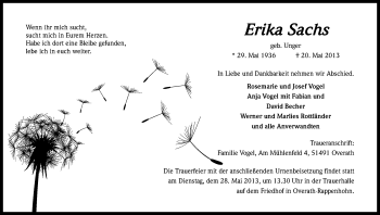 Anzeige von Erika Sachs von Kölner Stadt-Anzeiger / Kölnische Rundschau / Express