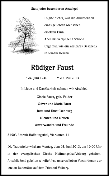 Anzeige von Rüdiger Faust von Kölner Stadt-Anzeiger / Kölnische Rundschau / Express