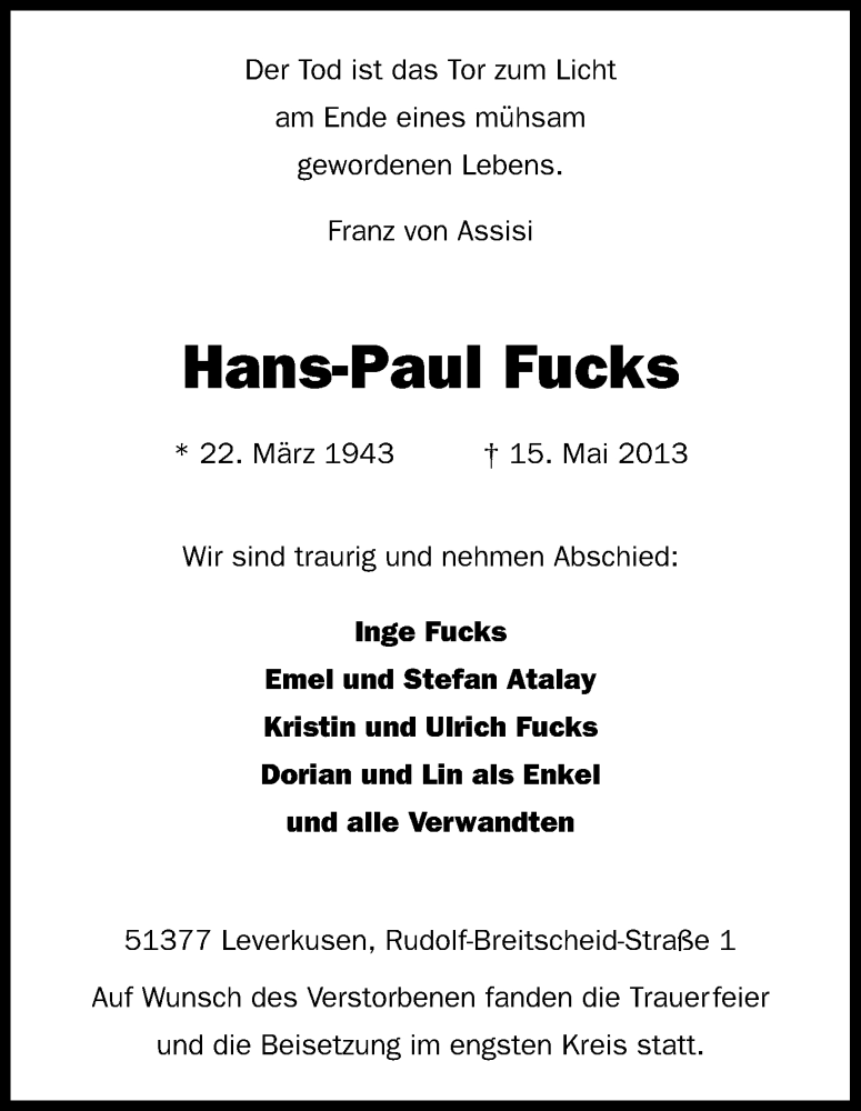  Traueranzeige für Hans-Paul Fucks vom 01.06.2013 aus Kölner Stadt-Anzeiger / Kölnische Rundschau / Express