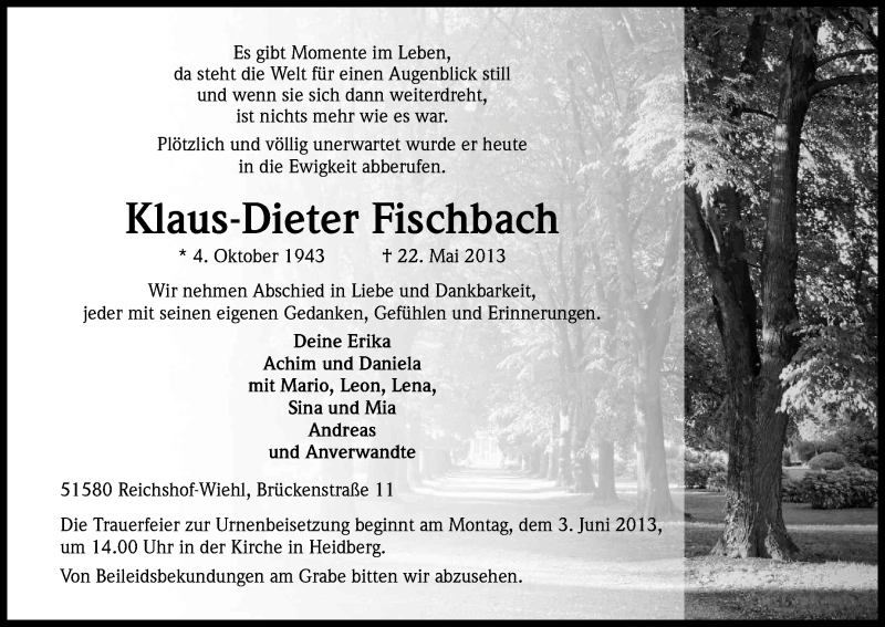  Traueranzeige für Klaus-Dieter Fischbach vom 25.05.2013 aus Kölner Stadt-Anzeiger / Kölnische Rundschau / Express