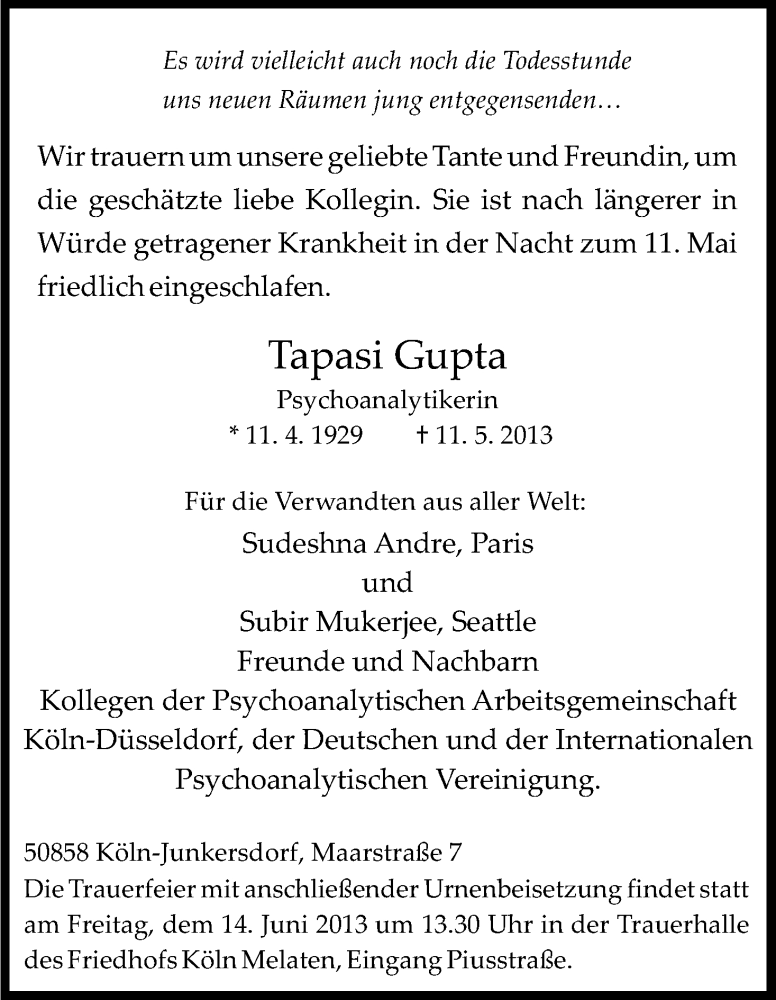  Traueranzeige für Tapasi Gupta vom 25.05.2013 aus Kölner Stadt-Anzeiger / Kölnische Rundschau / Express