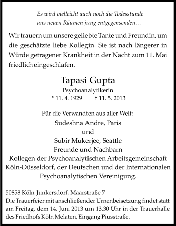 Anzeige von Tapasi Gupta von Kölner Stadt-Anzeiger / Kölnische Rundschau / Express