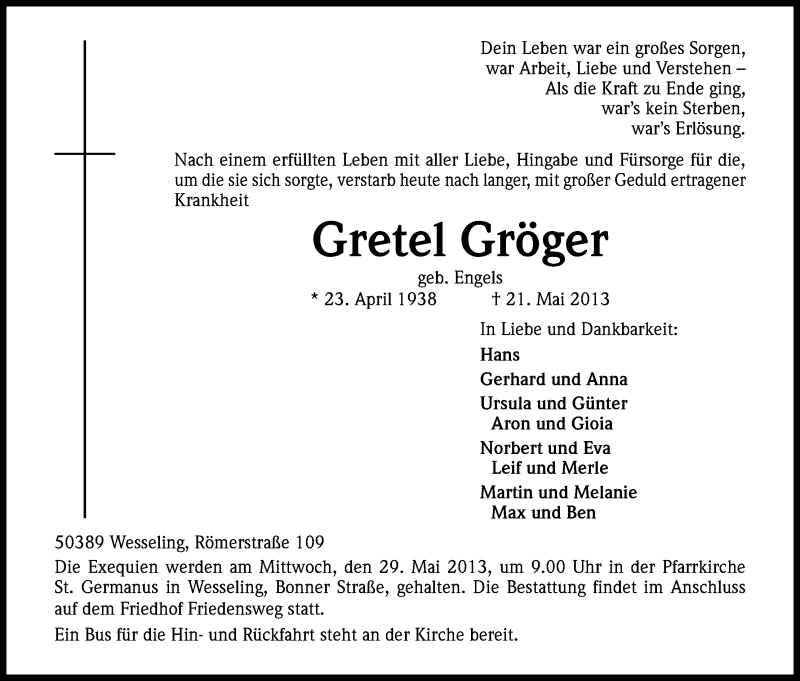  Traueranzeige für Gretel Gröger vom 25.05.2013 aus Kölner Stadt-Anzeiger / Kölnische Rundschau / Express
