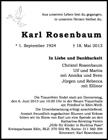 Anzeige von Karl Rosenbaum von Kölner Stadt-Anzeiger / Kölnische Rundschau / Express