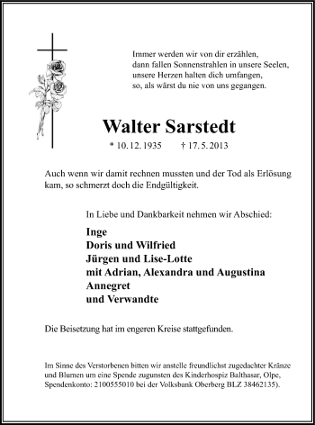 Anzeige von Walter Sarstedt von Kölner Stadt-Anzeiger / Kölnische Rundschau / Express