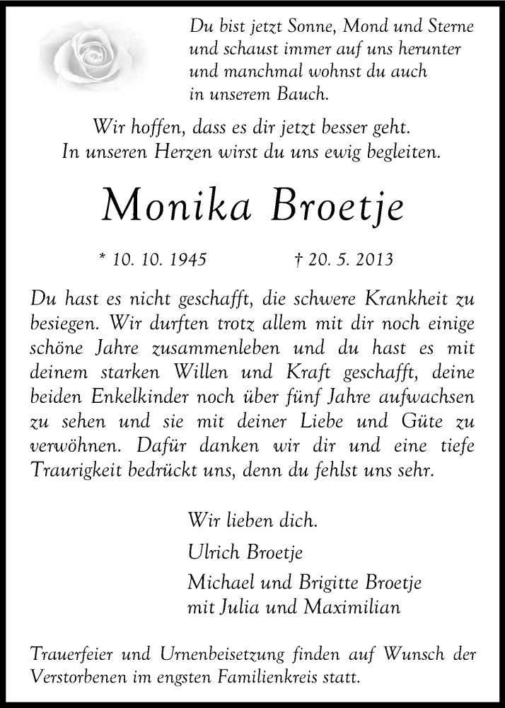  Traueranzeige für Monika Broetje vom 25.05.2013 aus Kölner Stadt-Anzeiger / Kölnische Rundschau / Express
