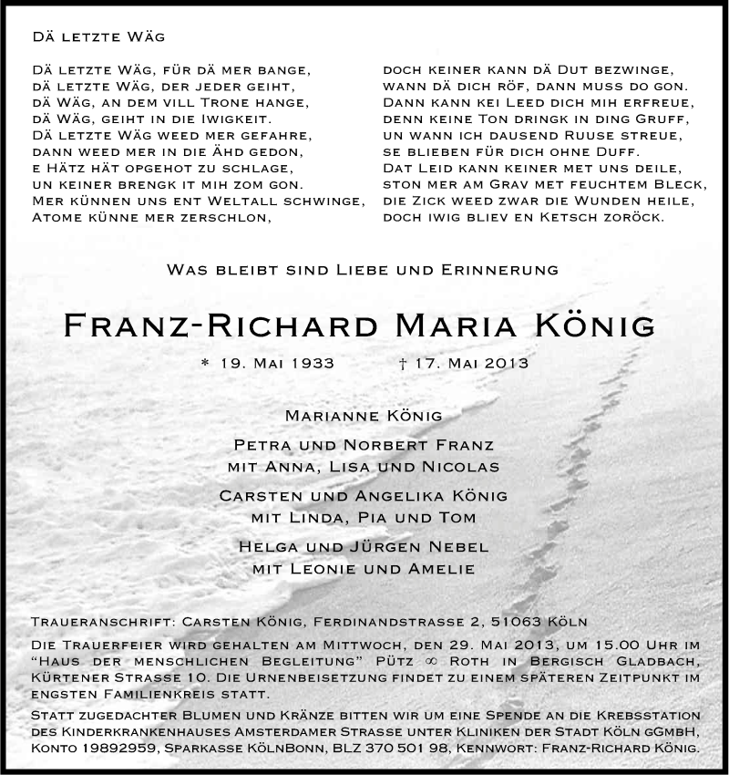  Traueranzeige für Franz-Richard Maria König vom 25.05.2013 aus Kölner Stadt-Anzeiger / Kölnische Rundschau / Express