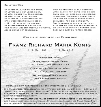 Anzeige von Franz-Richard Maria König von Kölner Stadt-Anzeiger / Kölnische Rundschau / Express