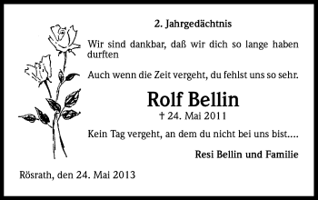Anzeige von Rolf Bellin von Kölner Stadt-Anzeiger / Kölnische Rundschau / Express